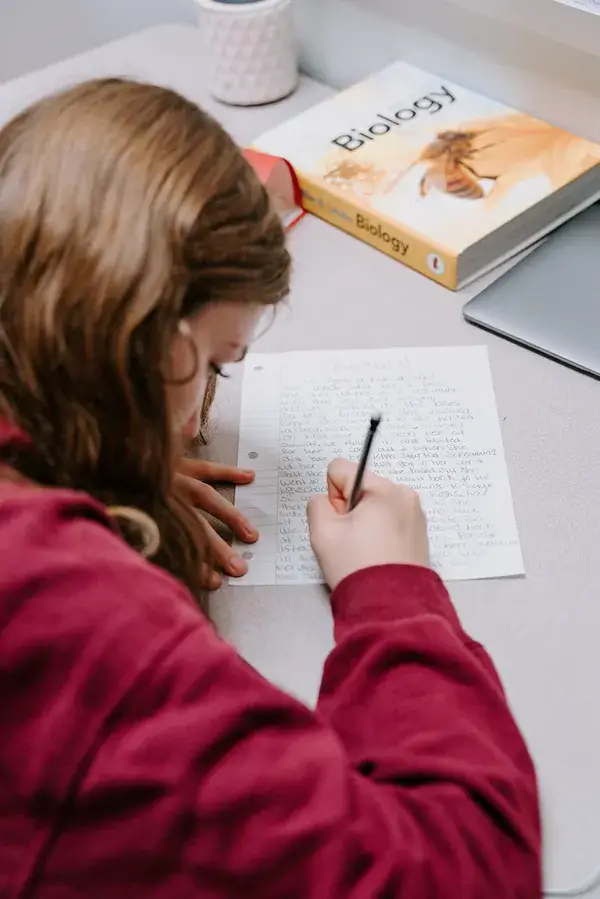 Student writing in journal at desk
