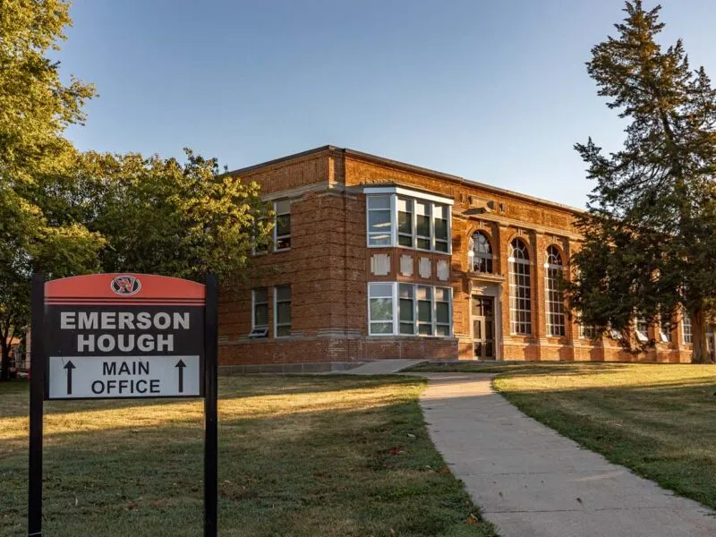 Exterior of a tan brick building