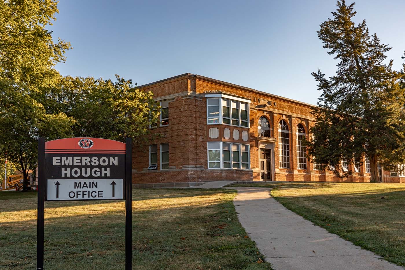 Exterior of a tan brick building