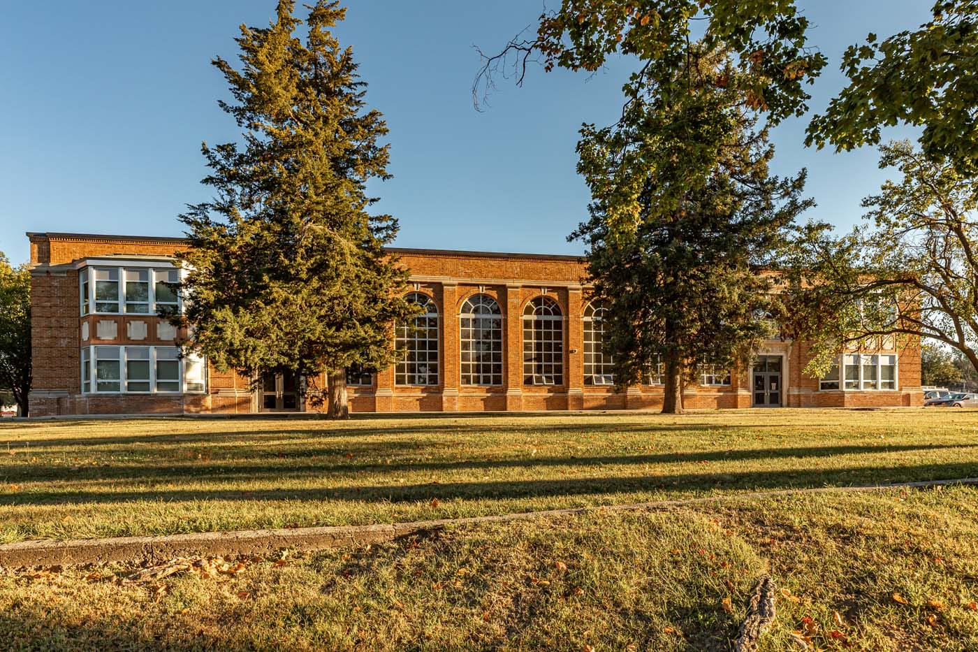 Exterior of a tan brick building