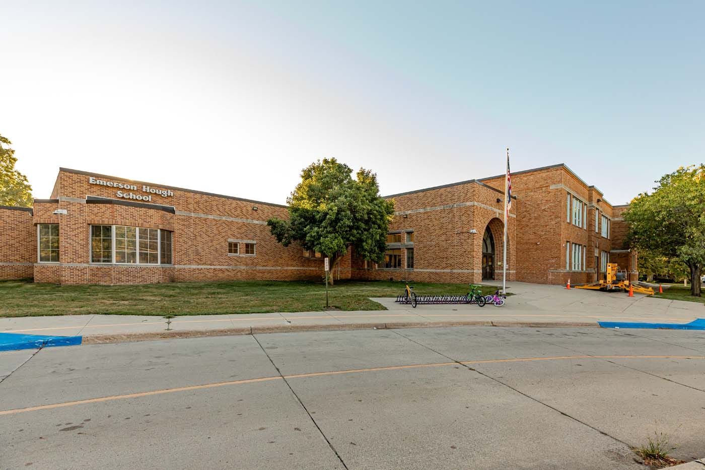 Exterior of a tan brick building